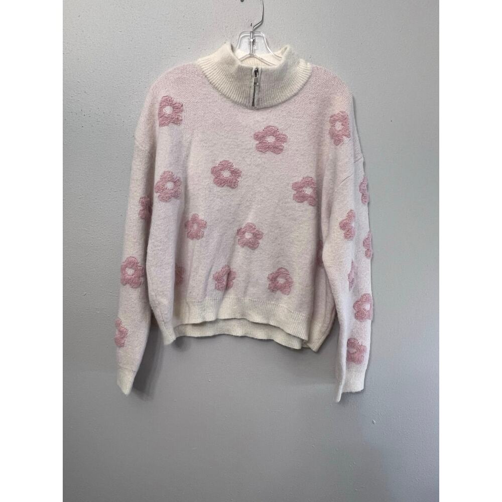 Bibi Sweater Mock Turtleneck Zip Collar Sz XL Pnk/White 3D Flowers Feminine Twee